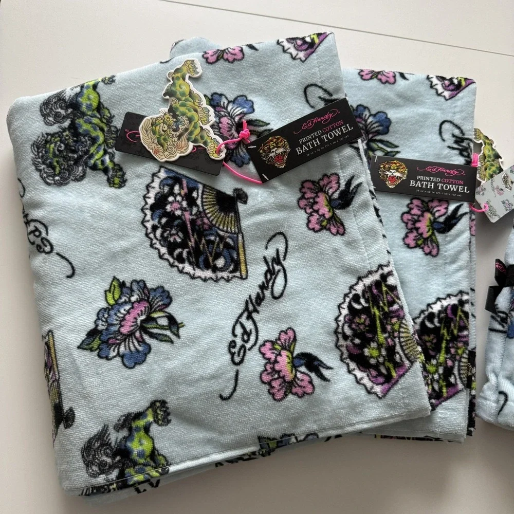 Ed Hardy Lt Blue Bath Towel 4 Piece Set, 100% Cotton 2 Bath Towels 2Hand Towels